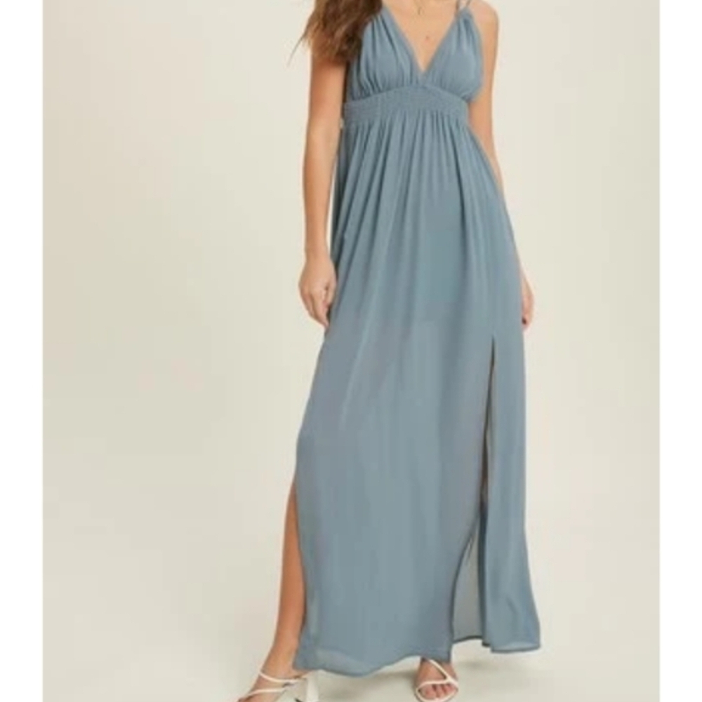 V-Neck Open Back Double Spaghetti Straps Maxi Dress in Dusty Blue